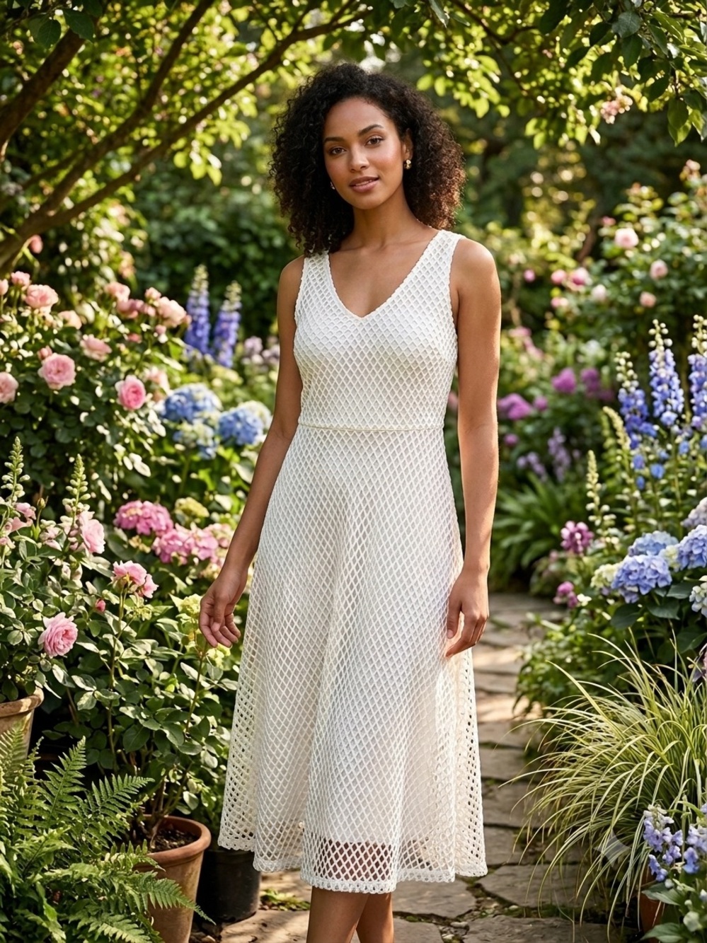 Slinky Brand cream Crochet Midi sleeveless Dress sz L